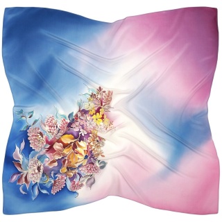 AM-060 Hand-painted Silk Scarf Flowers, 90x90 cm