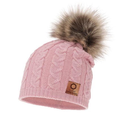 Women's pink wool hat with pompom, braid weave