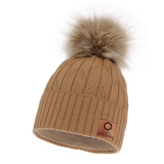 Women's winter hat with merino wool pompom brown