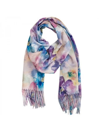 Szal zimowy w kwiaty z frędzlami niebieski 200x70cm