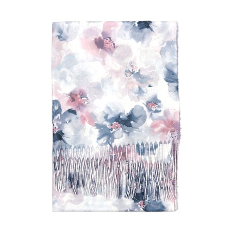 Szal zimowy w kwiaty z frędzlami szary 200x70cm