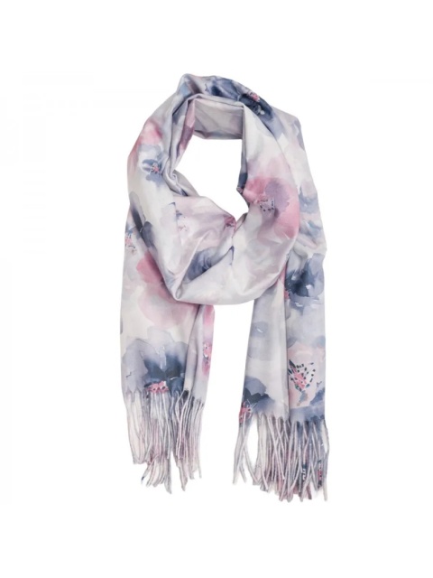 Szal zimowy w kwiaty z frędzlami szary 200x70cm