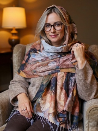 Viscose scarf with flowers, brown, 200x70cm