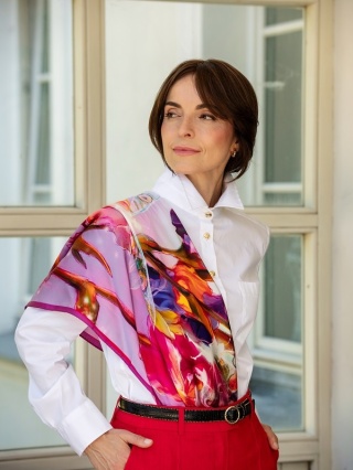 Purple silk scarf with flowers and fairy 68x68 AD7-491