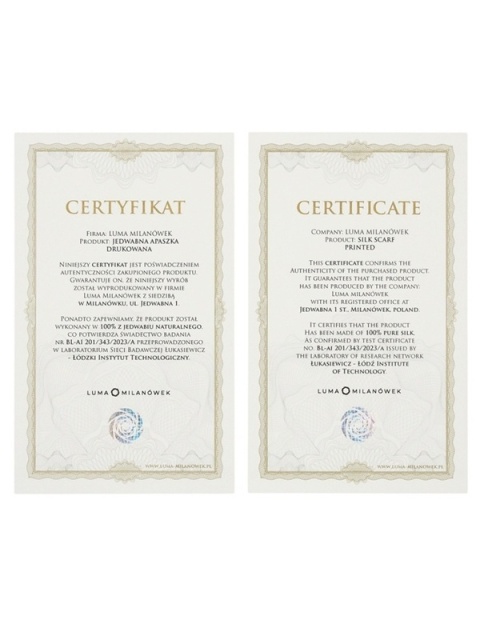 Apaszka jedwabna jubileuszowa na stulecie milanowskiego jedwabiu 88x88 cm AJ-16A