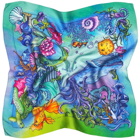 Blue and green silk satin rook with a sea motif 53x53cm AD5-009