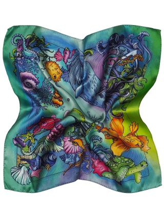 Silk satin scarf, matte-shine finish, marine motif 55x55 cm