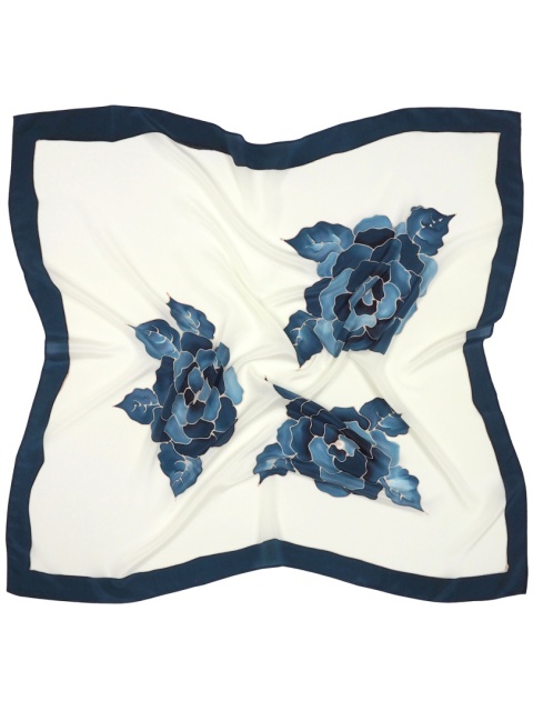 Hand-painted silk scarf with blue background and roses – 90x90 cm