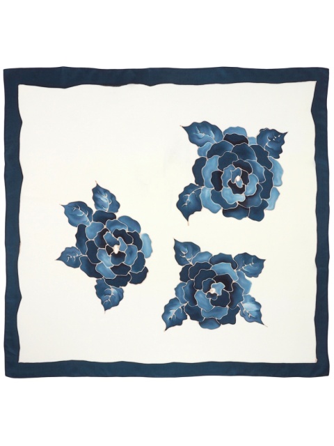 Hand-painted silk scarf with blue background and roses – 90x90 cm