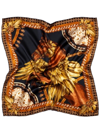 Silk scarf female gold horse, silk satin 68x68 cm AD7-010s