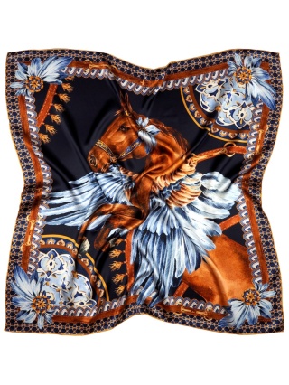 Silk satin scarf female silver horse, 88x88 cm AD-011s