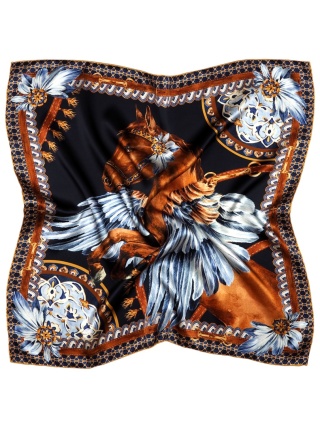 Silk satin scarf female silver horse, 68x68 cm AD7-011s